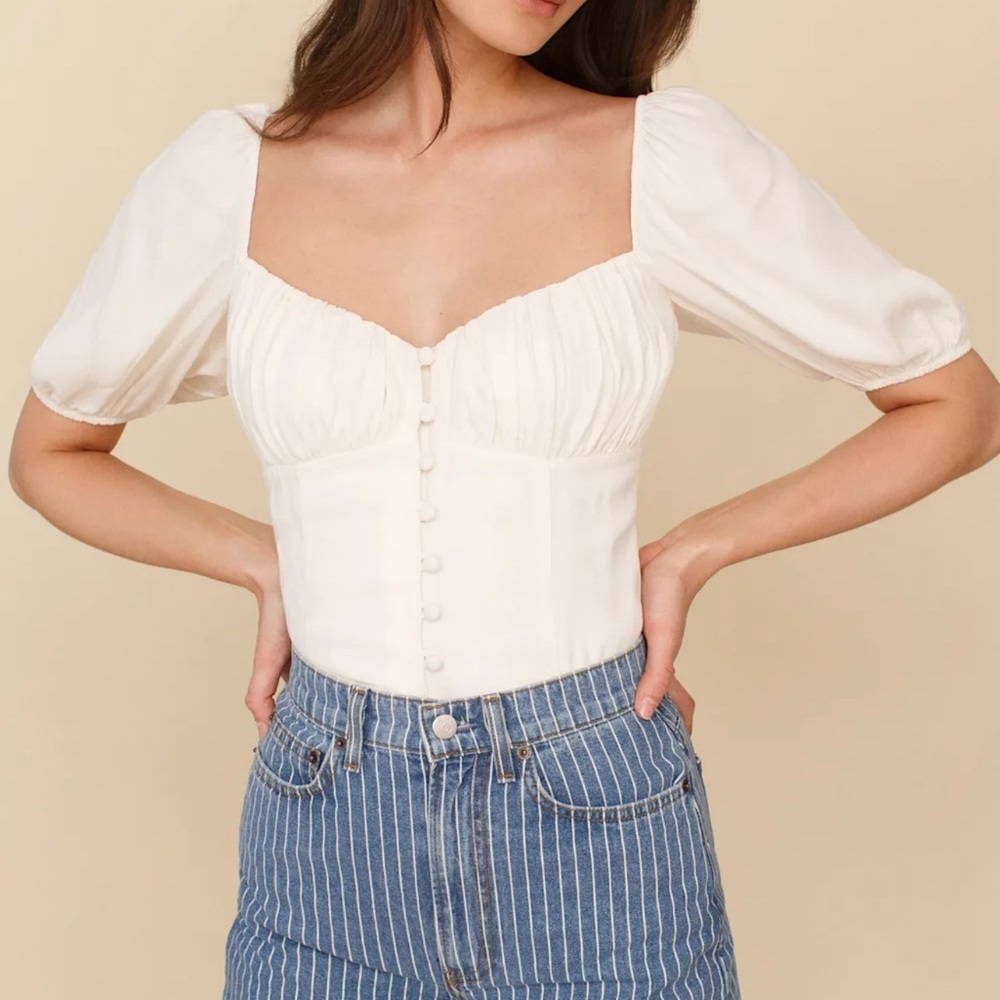 Reformation White Puff Sleeve Bustier Blouse